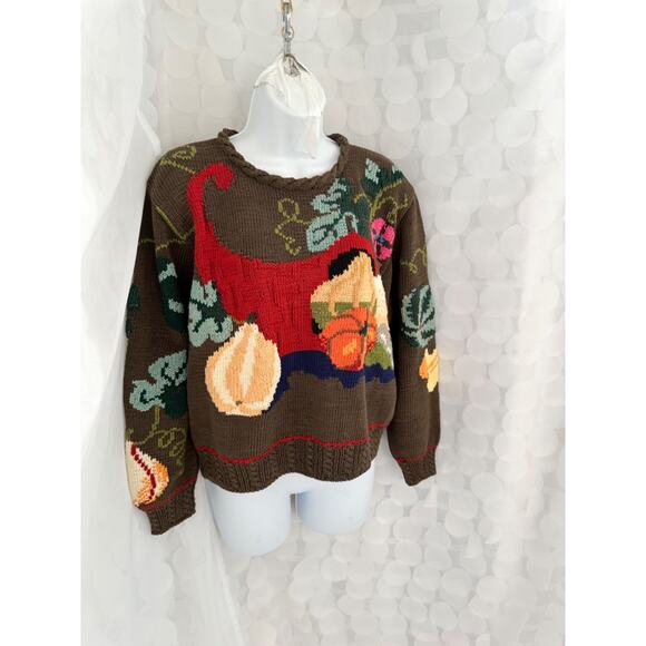 Berek Marta D Sweater Small HAND KNIT Cornucopia Pumpkins Leaves Gourds 1989 NEW - Picture 2 of 9